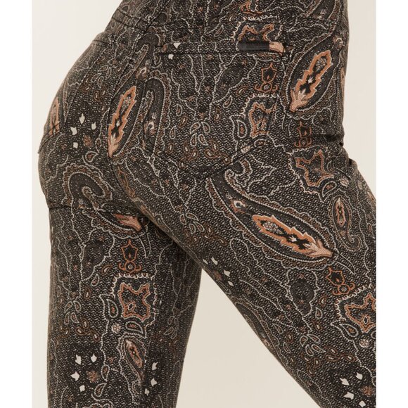 Rock & Roll Denim Paisley Print High Rise Pull On Flare Jeans - Picture 4 of 5
